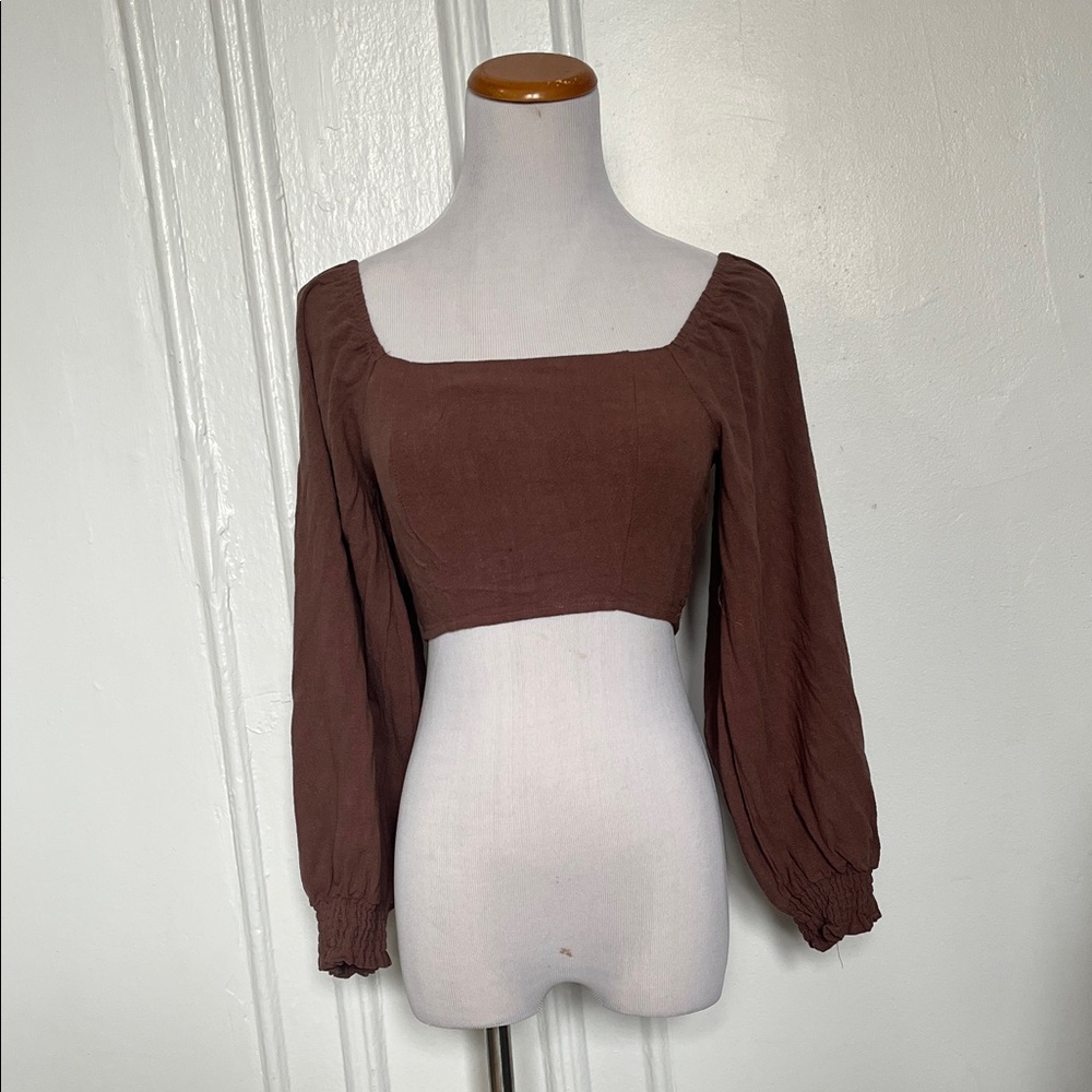 Nasty Gal Brown Square Neck Linen Blend Cropped Peasant Top